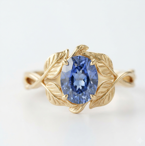 Oval Blue <b>Sapphire</b> Engagement <b>Ring</b> Vintage Leaf Design 925 Sterling Silver 14K Gold Plated Gemstone Band <b>for</b> <b>Women</b> - Product Image 1