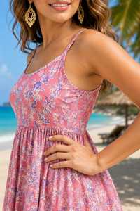 Pink Chiffon Floral <b>Spaghetti</b> <b>Strap</b> Casual <b>Dress</b> Sleeveless Regular Fit <b>Midi</b> Natural Waist A-Line Summer Sundress Beach Party - Product Image 4