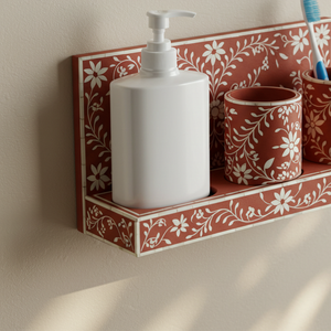 Handcrafted Floral Bone Inlay Bathroom Organizer Set Terracotta & White Wall-Mounted Vanity <b>Shelf</b> - Product Image 5