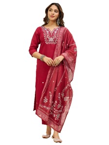 Ensemble 3 pièces Salwar Kameez traditionnel pour femme en soie romaine, Kurta droite, pantalon et Dupatta Chanderi – Tenue de mariage indienne et pakistanaise - Product Image 5