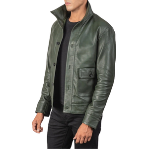 <b>Men</b>’s Dark Olive Green Genuine Leather <b>Field</b> <b>Jacket</b> Stand Collar Multi Pocket Full Zip Premium Casual Outerwear - Product Image 3