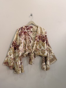 Vintage Retro 100% Silk Bell <b>Sleeve</b> Blouse Handmade Eco-Friendly <b>V</b>-<b>Neck</b> Crop <b>Top</b> - Product Image 1