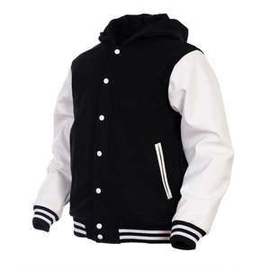 <b>Mens</b> Black and Pink Varsity Style Jacket Leather Style Sleeves Striped Ribbed Trim Snap Button Urban Streetwear Fashion - Product Image 3