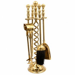 Juego de herramientas para chimenea de latón macizo moderno, estilo vintage, chapado en oro, con soporte, pinzas, pala, cepillo y pichón para interiores. - Product Image 1