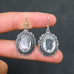 Boucles d'oreilles personnalisées en argent sterling 925 avec topaze blanche créée en laboratoire, 1,9 pouce, bijoux en pierres précieuses faits à la main, boucles d'oreilles fines antiques, cadeau pour femme - Product Image 4