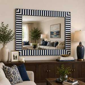 Modern <b>Rectangle</b> <b>Wall</b> <b>Mirror</b> With Navy Blue And White Geometric Frame Handmade Decorative Glass <b>Mirror</b> For Home Interior - Product Image 3
