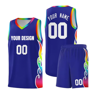 ชุดเสื้อบาสเก็ตบอลสีรุ้งแบบกำหนดเอง แขนกุด คอวี พิมพ์ลายแบบซับลิเมชั่น ผ้าตาข่ายระบายอากาศ โพลีเอสเตอร์ 100% สำหรับผู้ใหญ่ ยูนิเซ็กซ์ 140 กรัม ด้านหน้า - Product Image 2