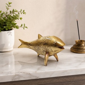 SHUBHAM Brass Art Deco Carved Fish Incense Holder Figurine Stand for Living Room Mantel Home Decor - Product Image 1