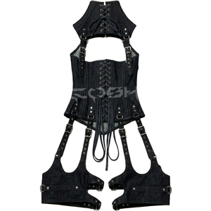 <b>Underbust</b> Steelboned Black Denim Corset With Leg And Neck Harness - Product Image 2