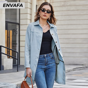 Trench-coats personnalisés de haute qualité en gros, trench-coat en jean mi-long, veste à boutons en jean avec manches longues - Product Image 3