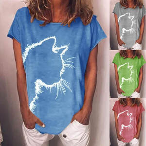 Women's Gray <b>Cat</b> Print O-Neck Short Sleeve <b>T</b>-Shirt Loose Fit Casual Summer Top 100% Cotton Jersey Breathable Regular Length - Product Image 3