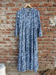 Hand <b>Block</b> <b>Printed</b> 100% Cotton Indian Dress V-neck Long Sleeve Floral Pattern Casual Tunics and Long Gown For Women - Product Image 3