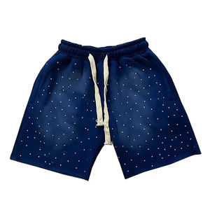 Shorts en coton molletonné 100% pour hommes, avec strass, motif uni, anti-plis, pour la gym, le fitness, la plage, shorts personnalisés effet délavé soleil pour hommes - Product Image 4