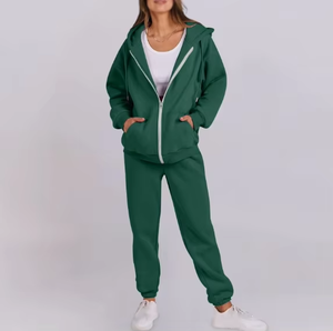 Ensemble de survêtement gris en coton pour femme, pantalon de survêtement long et sweat à capuche zippé, coupe décontractée, couleur unie, automne - Product Image 2