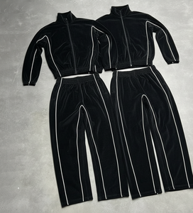 Streetwear Luxury Men Outdoor Heavyweight Oversized Velvet Hoodie and Sweatpants Jogger Set Binding Strip Logo Velour Tracksuits - Product Image 2