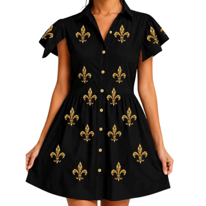 White Mini <b>Dress</b> with Different Color Fleur De Lis and <b>Star</b> Embroidery Puff Feather Sleeve Turn Down Collar Spring/Summer <b>Dress</b> - Product Image 3
