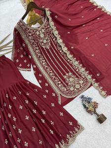Ensemble Salwar Kameez en Georgette Brodé Étoiles Marron avec Dupatta – Tenue Traditionnelle Indienne et Pakistanaise pour Femme, Coupe Droite, Longueur au Sol, Idéal Mariage - Product Image 4