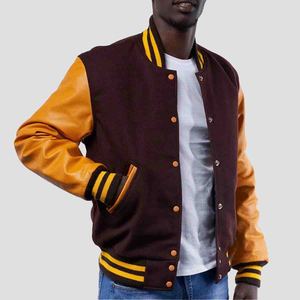 Wholesale <b>Men</b>’s Wool & <b>Leather</b> Varsity <b>Bomber</b> Jacket Premium Wool Body Genuine <b>Leather</b> Sleeves Ribbed Cuffs & Snap Button Street - Product Image 6