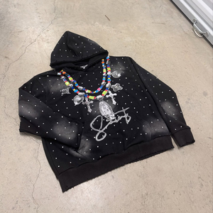 Men <b>Bulk</b> Custom Design French <b>Terry</b> Printed 100 Cotton 420 Gsm Double Hooded Patchwork Rhinestones Hoodie - Product Image 1