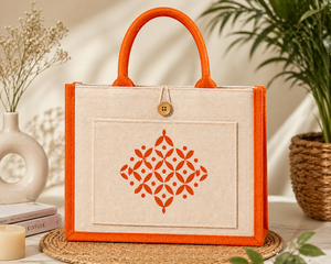 Sac fourre-tout en jute laminé bicolore avec poignée en corde, écologique, réutilisable, sac de shopping personnalisé avec logo imprimé, sac promotionnel avec poche - Product Image 1