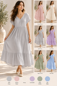 Vestido Midi Casual de Lino y Algodón con Cuello en V, Manga Corta, Corte en A, Dobladillo Escalonado, Color Sólido, Simple, Transpirable, Tejido, para Vacaciones de Verano - Product Image 4