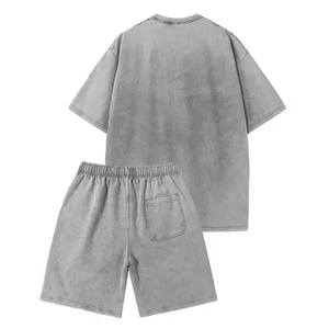 Ensemble 2 pièces T-shirt et short pour homme, style streetwear, en polyester/coton tricoté, respirant, avec logo personnalisé imprimé et effet délavé à l'acide - Product Image 2