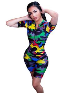 Mono de mujer con estampado de camuflaje colorido, manga corta, cintura alta, cremallera frontal, ajuste ceñido, transpirable, de spandex y poliéster, para discoteca - Product Image 1