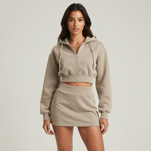 Women 2 Piece Hoodie Skirt Set Cropped <b>Zip</b>-<b>Up</b> <b>Jacket</b> and Mini Skirt Matching Tracksuit Autumn Outfit with OEM ODM Customization - Product Image 6