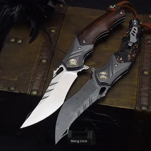 Couteau de poche pliable multifonctionnel en acier Damas pour la chasse, le camping et les activités de plein air, avec manche en cuir et étui, qualité industrielle - Product Image 4
