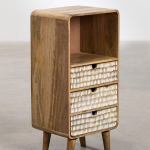 Mesita de Noche Moderna de Madera de Mango con 3 Cajones y Tejido de Ratán, Mesa Auxiliar para Dormitorio, Mueble para el Hogar - Product Image 3