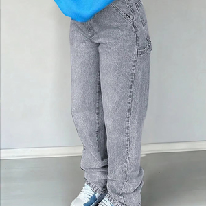 Jean en denim extensible taille mi-haute pour femme, en coton respirant de haute qualité, coupe droite décontractée pour l'hiver, avec poches, longueur intégrale - Product Image 1