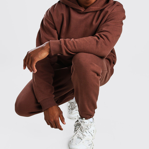 Men's Brown Hooded Sweatshirt <b>Set</b> Cotton Fleece Casual Winter <b>Knitted</b> Solid Color Jogger Pants Full Tracksuit Streetwear Front - Product Image 2