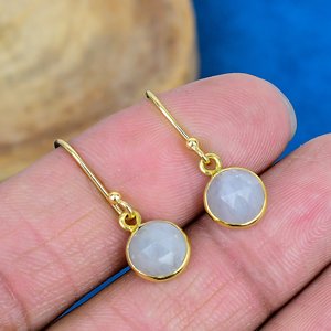 Natural White Sapphire Round Shaped Gemstone Drop Dangle <b>Handmade</b> <b>Earrings</b> 18k Micron Gold Over 925 Sterling Silver - Product Image 1