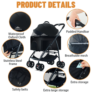 Cochecito plegable de cuatro ruedas para mascotas, con ruedas amortiguadoras, Cabina espaciosa y tela impermeable, para uso doméstico, 2, 3, 1 par - Product Image 6