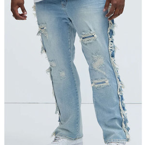 Custom Men's Denim <b>Trousers</b> Hip Hop Cotton Regular Fit Straight Leg Screen Printed <b>Light</b> Wash Knitted Vintage Pants - Product Image 4