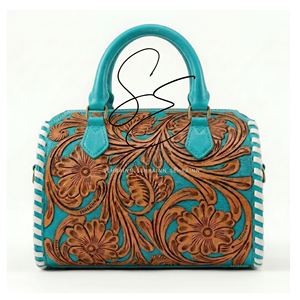 Turquoise Accent Real Leather Mini Duffle Bag Tooled Leather Western Cowgirl Purse 2026 Trendy Medium Cowhide Embossed Speedy - Product Image 5