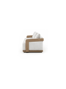 Canapé d'extérieur minimaliste en bois à trois places avec coussins blancs, mobilier de jardin durable pour salon ou salle d'attente - Product Image 5