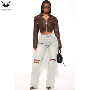 Vintage Women <b>Brown</b> <b>Leather</b> Tops & <b>Jackets</b> Front Pocket PU <b>Leather</b> Top Casual Streetwear Club Fashion Outfit Trend - Product Image 5