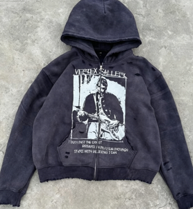 Oversized Hoodie <b>Men</b> Custom Distressed Zip up Hoodie Cropped Stone Vintage Wash <b>Men</b> Printed Hoodies - Product Image 6