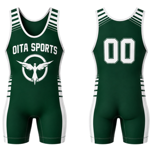 Combinaison de lutte sublimée vert foncé et blanc pour hommes, design numérique, uniforme sportif en polyester, tenue d'entraînement et de compétition - Product Image 1