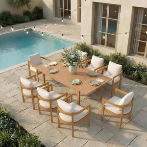 Ensemble de table à manger d'extérieur en teck moderne avec 8 fauteuils à accoudoirs courbés - Product Image 3