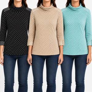 Suéter de Punto Jacquard con <span class=keywords><strong>Cuello</strong></span> Alto Simulado y Bolsillos para Mujer, en Viscosa y Nailon Suave con Estampado de Lunares, Venta al Por Mayor OEM - Product Image 3