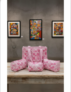 Pink Quilted Cotton <b>Tote</b> <b>Bag</b> <b>with</b> Perfectly Matched Toiletry Pouches Lightweight Canvas Lining Zipper Closure Summer Shopping - Product Image 3