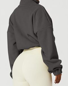 Women's Cropped <b>Fleece</b> <b>Jacket</b> Stand Collar Zip Up Full Sleeve Solid Color Autumn <b>Warm</b> Outerwear - Product Image 4