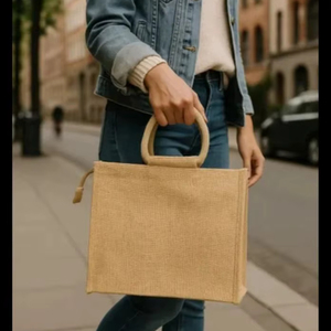 Bolsa de Yute Ecológica con Estampado de Hojas Blancas, Reutilizable, Tamaño Mini, Cierre Superior con Asa, Personalizable, para Uso Diario, Viajes y Publicidad - Product Image 1