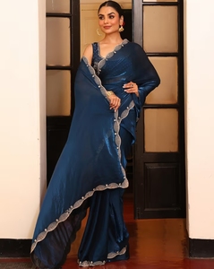 Sari en tissu de soie viscose KV traditionnel, orné de perles et de pierres, couleur vert sarcelle, avec blouse non cousue réversible et infroissable pour soirée - Product Image 1