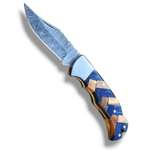 Cuchillos Plegables de Damasco Personalizados, Hechos a Mano, con Hoja con Patrón Decorativo, Empuñadura de Madera con Mosaico, Bolster Pulido, para Camping, Caza y Senderismo - Product Image 2