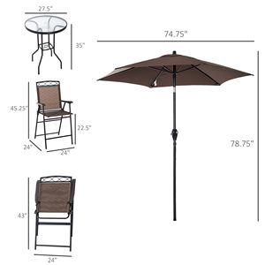 Set da Bar da Esterno in Vimini Marrone a 6 Pezzi con Ombrellone Inclinabile Regolabile e Sedie Pieghevoli da Bistrò per Giardino - Product Image 3