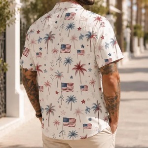 Chemise hawaïenne pour hommes à manches courtes, imprimé palmiers et drapeaux, col rabattu, chemises d'été respirantes - Product Image 5