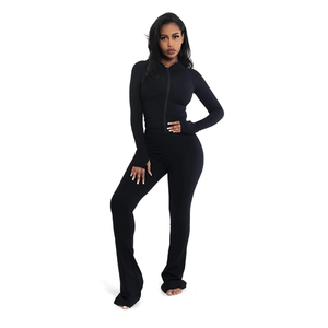Women's <b>Black</b> <b>Long</b> <b>Sleeve</b> Hooded <b>Jumpsuit</b> High Waist Full Length Solid Color Breathable Stretch Knitted Street Wear - Product Image 1